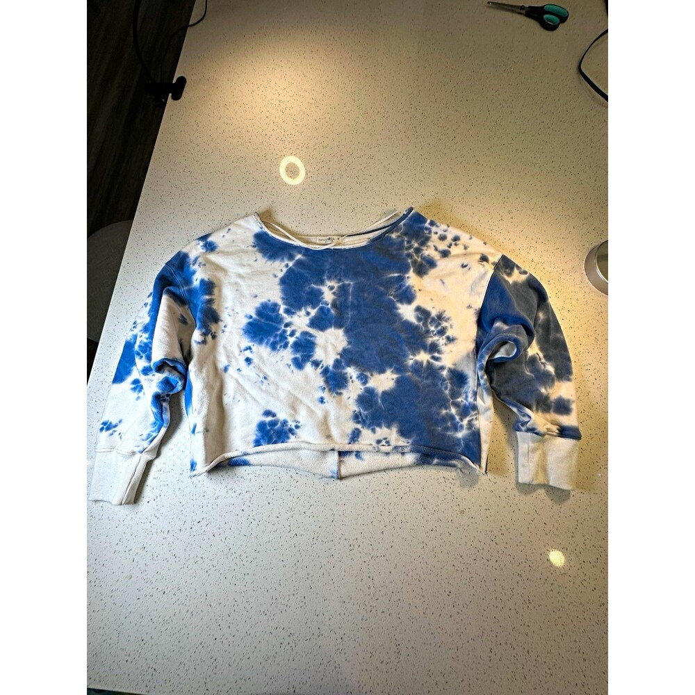 Natural Life Women's Cropped Pullover Sweatshirt M Blue/White Tie-Dye Crew Neck